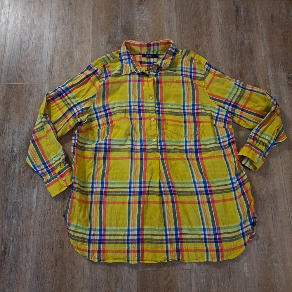 Lauren Ralph Lauren Linen Boyfriend Shirt Vibrant Yellow Pattern Women's Size 3X